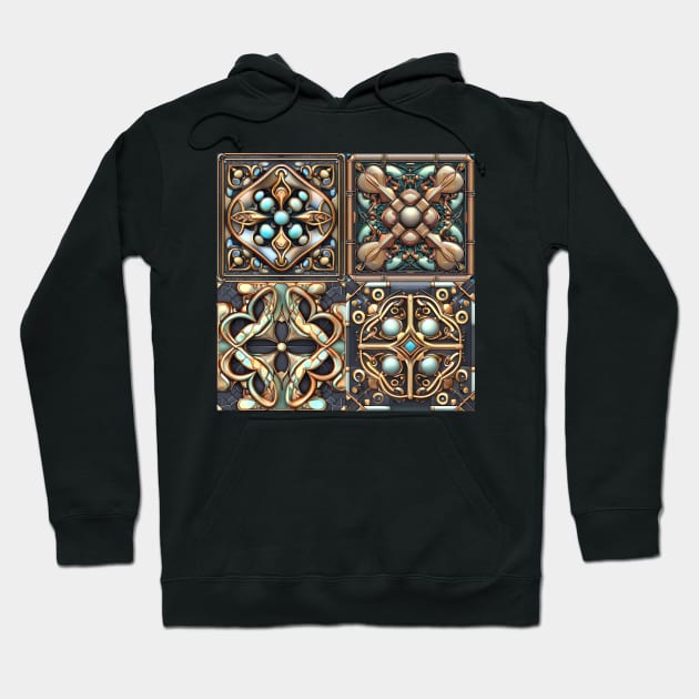 Celtic, Turquoise and Gold, Black Leather Tile Design Hoodie by JediNeil